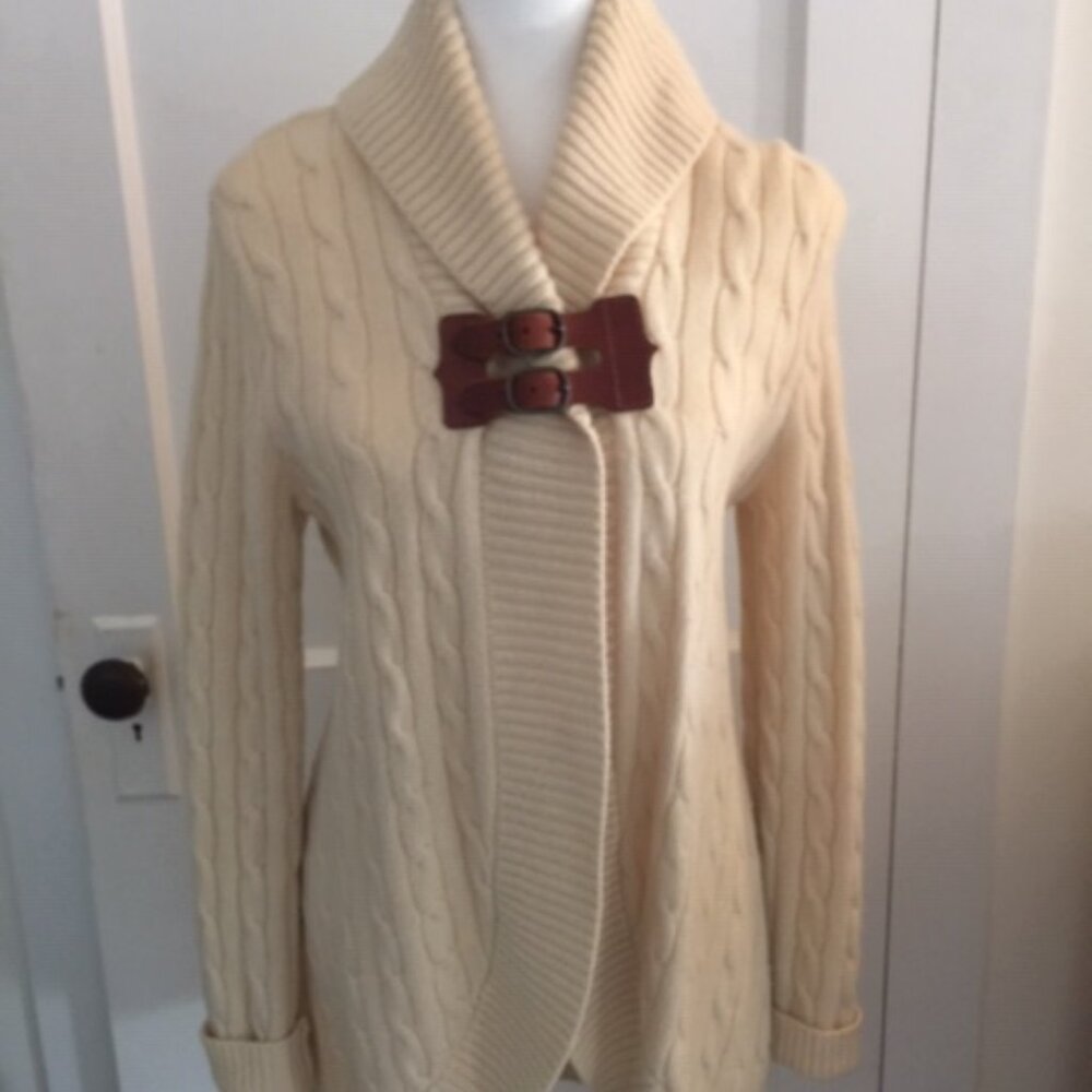 Ralph Lauren Beige Cardigan with Leather Buckle Closure - Size Medium
